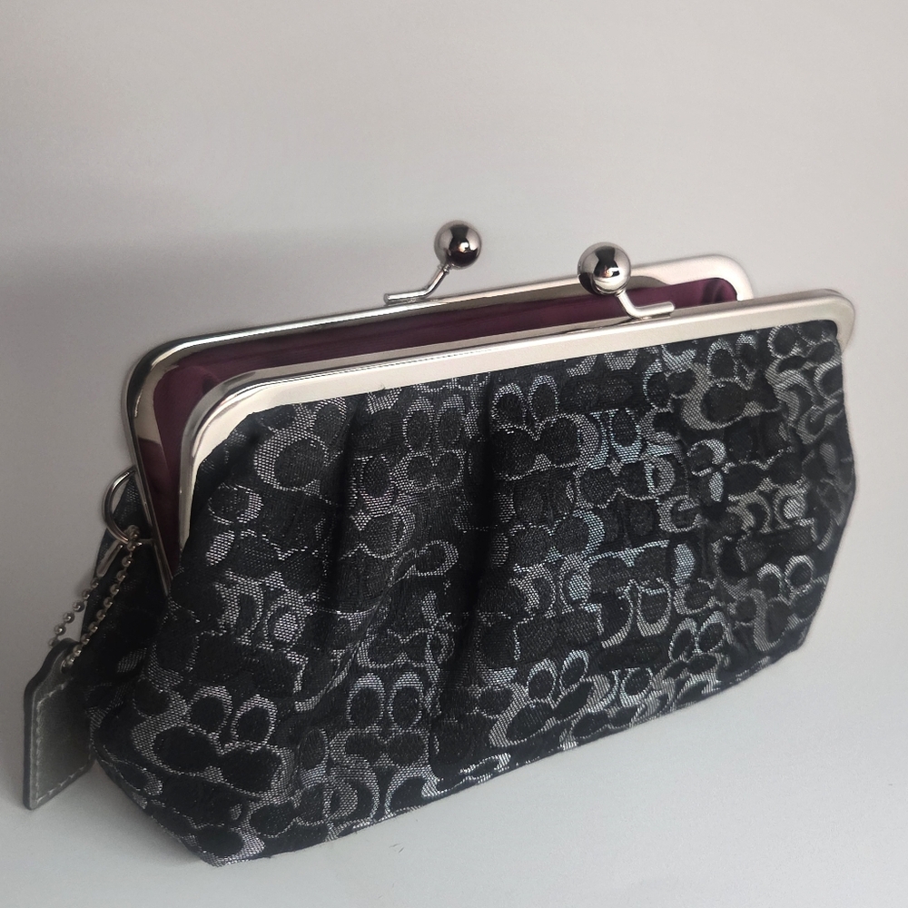 Coach Y2K Signature Optic Kisslock Clutch Black Shimmer Monogram Bag Vintage - Picture 4 of 8